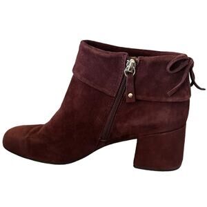 OUO Burgundy suede ankle booties side zip back bow chunky block heels size 10